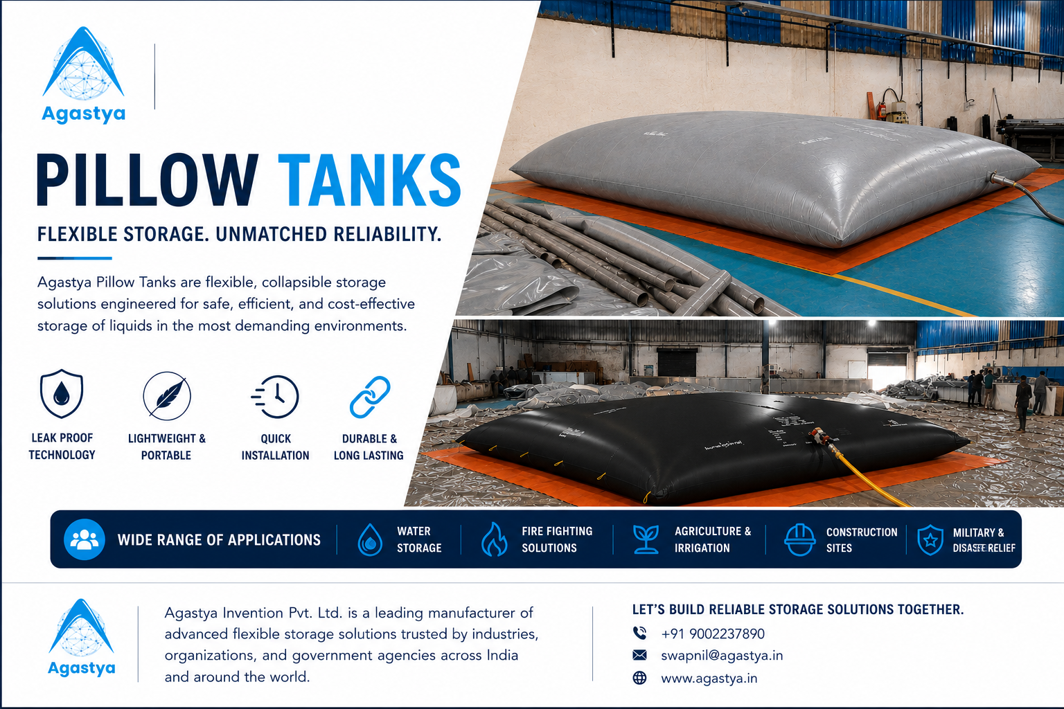Agastya Flexible PVC Pillow Tank for Industrial Water Storage, Fire Fighting and Emergency Water Supply